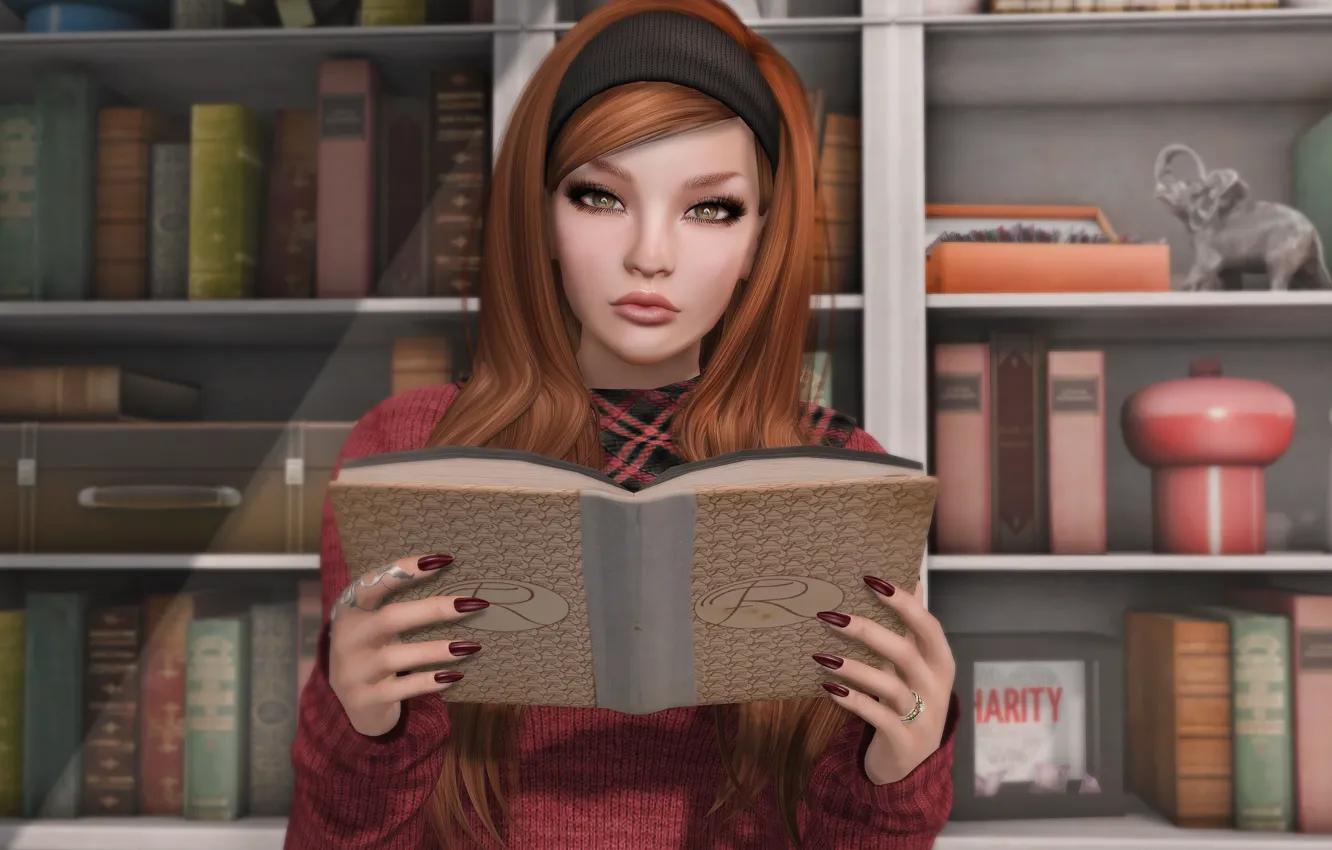 Photo wallpaper girl, book, brown hair