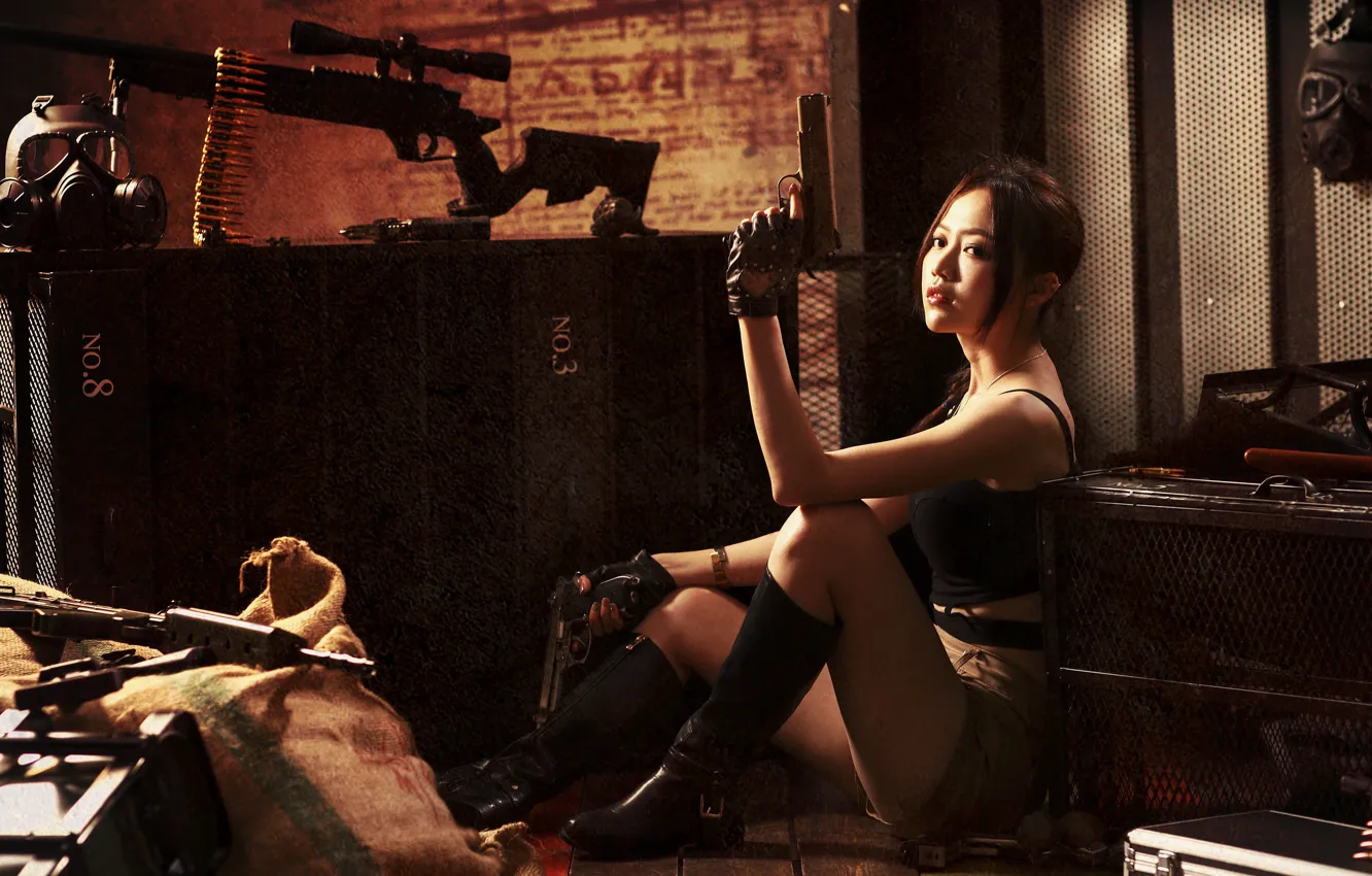 Photo wallpaper look, girl, weapons, guns, composition, East