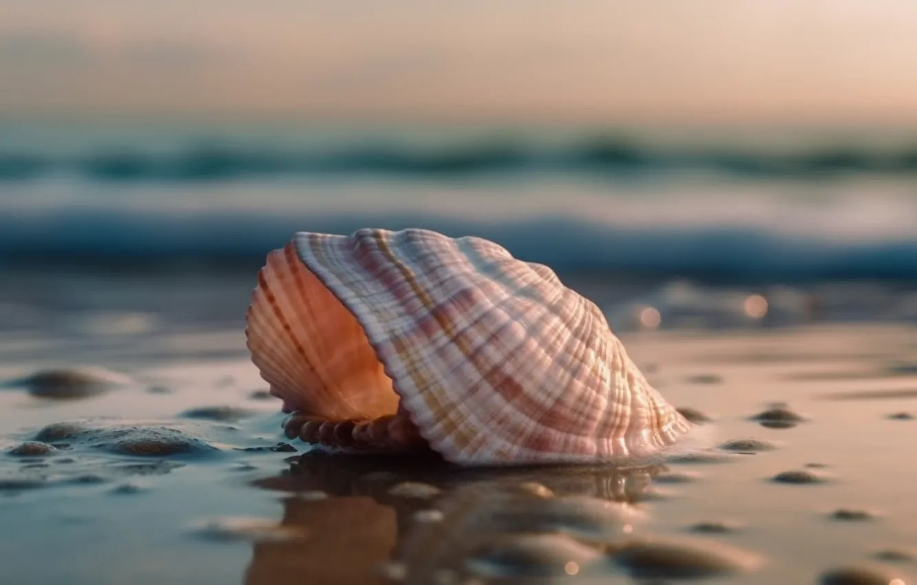 Photo wallpaper sea, wave, beach, water, sink, surf, shell, bokeh
