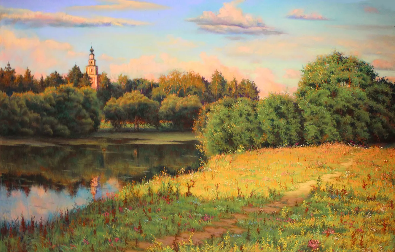 Photo wallpaper trees, picture, Church, river, Alexandr Shilov, Soviet and Russian artist, Alexander Shilov, The end of …