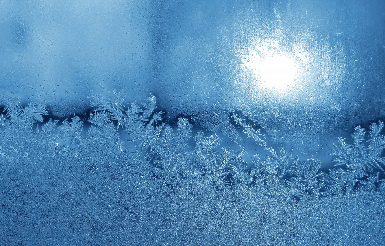 Photo wallpaper cold, winter, frost, glass, the sun, drops, light, snow