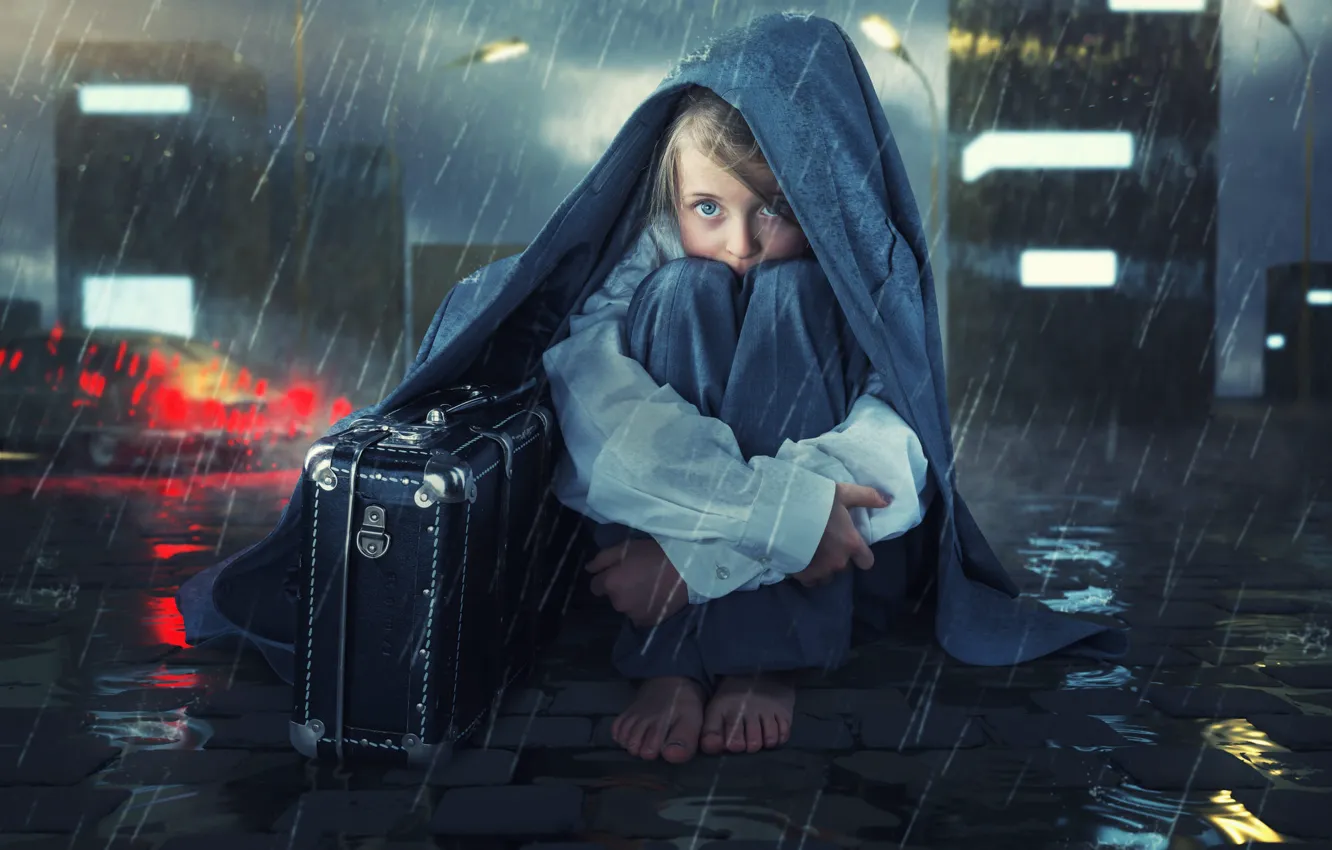 Photo wallpaper rain, street, girl, suitcase, Left Behind