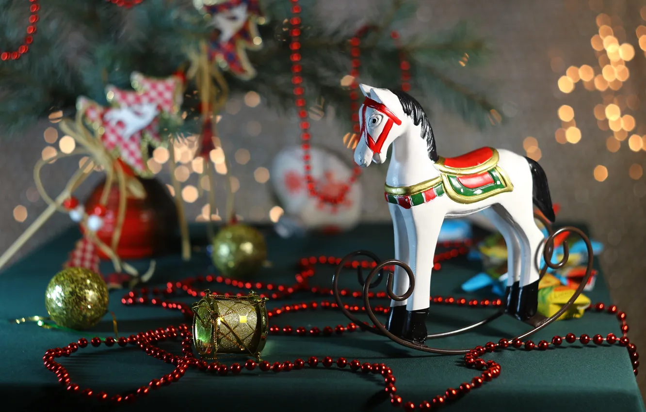 Photo wallpaper new year, Christmas, beads, the scenery, tinsel, rocking, horse, Lyudmila Khrustaleva