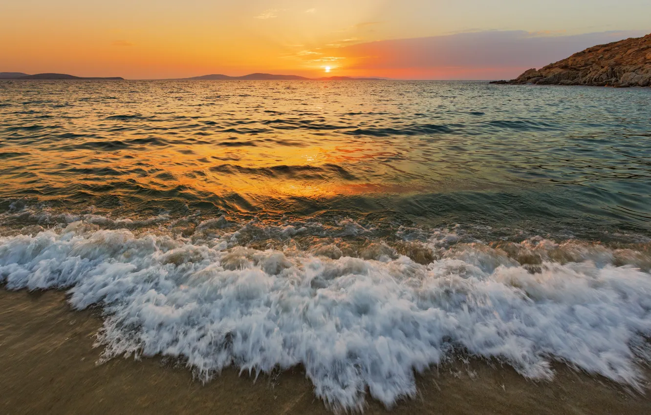 Photo wallpaper sand, sea, wave, beach, the sky, the sun, light, sunset