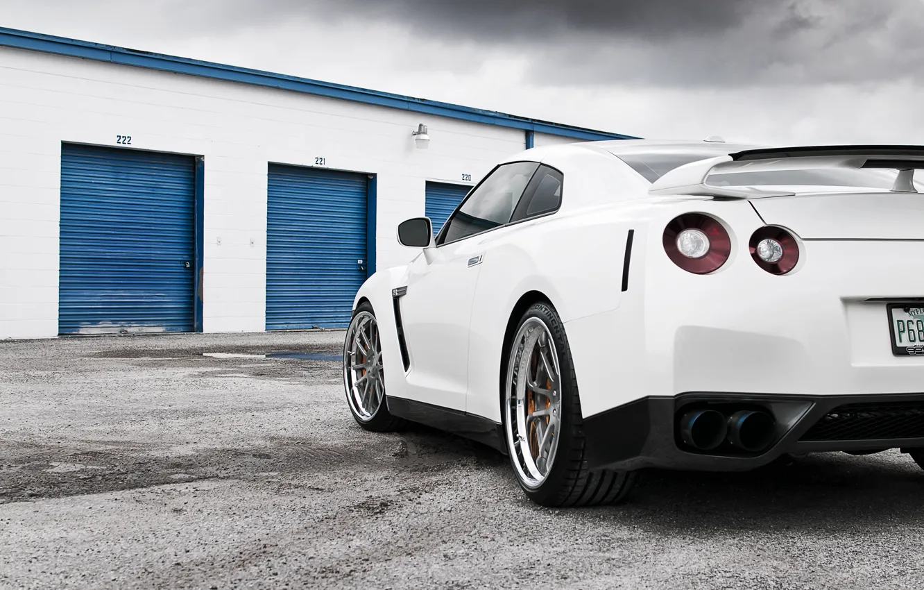 Photo wallpaper white, the sky, composition, Nissan, white, GT-R, Nissan, the rear part