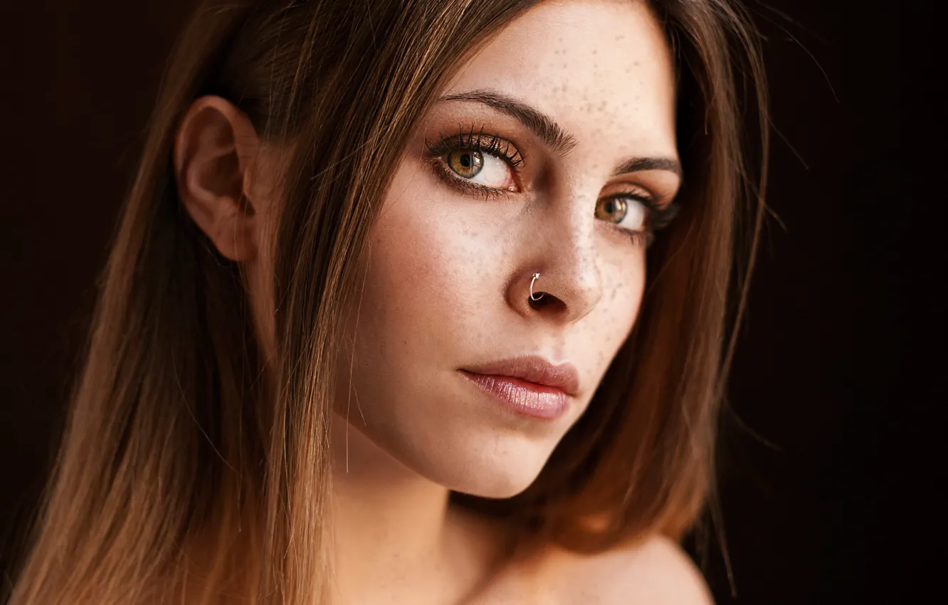 Photo wallpaper look, face, background, portrait, makeup, piercing, hairstyle, freckles
