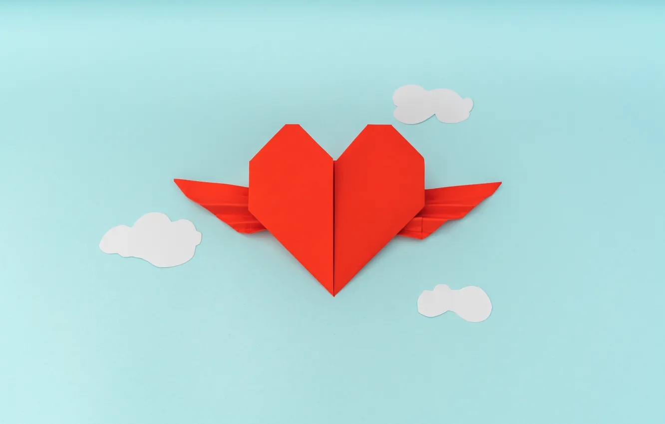 Photo wallpaper heart, clouds, origami, blue background