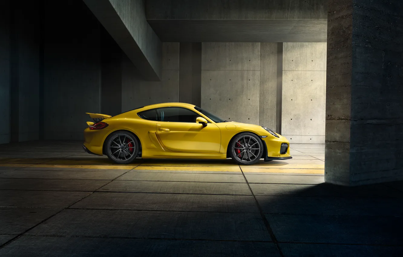 Photo wallpaper Porsche, Cayman, Yellow, Side, Parking, Supercar, GT4, 2015