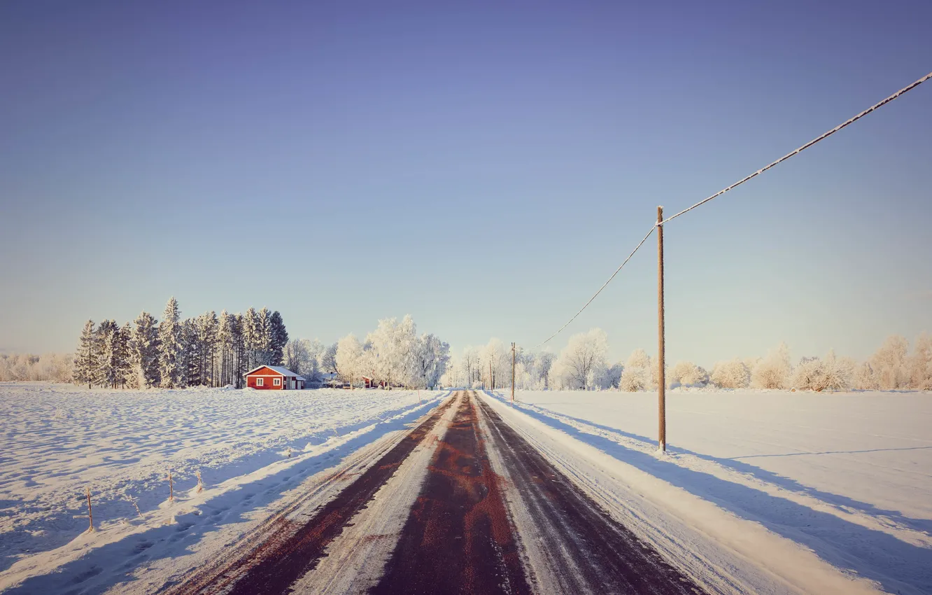 Photo wallpaper road, snow, trees, house, house, road, trees, snow