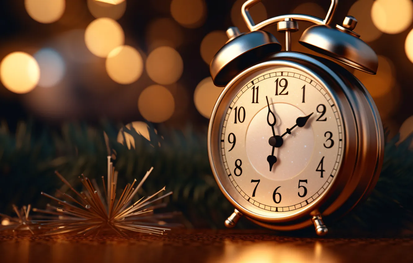 Photo wallpaper branches, time, watch, new year, alarm clock, Christmas, dial, needles