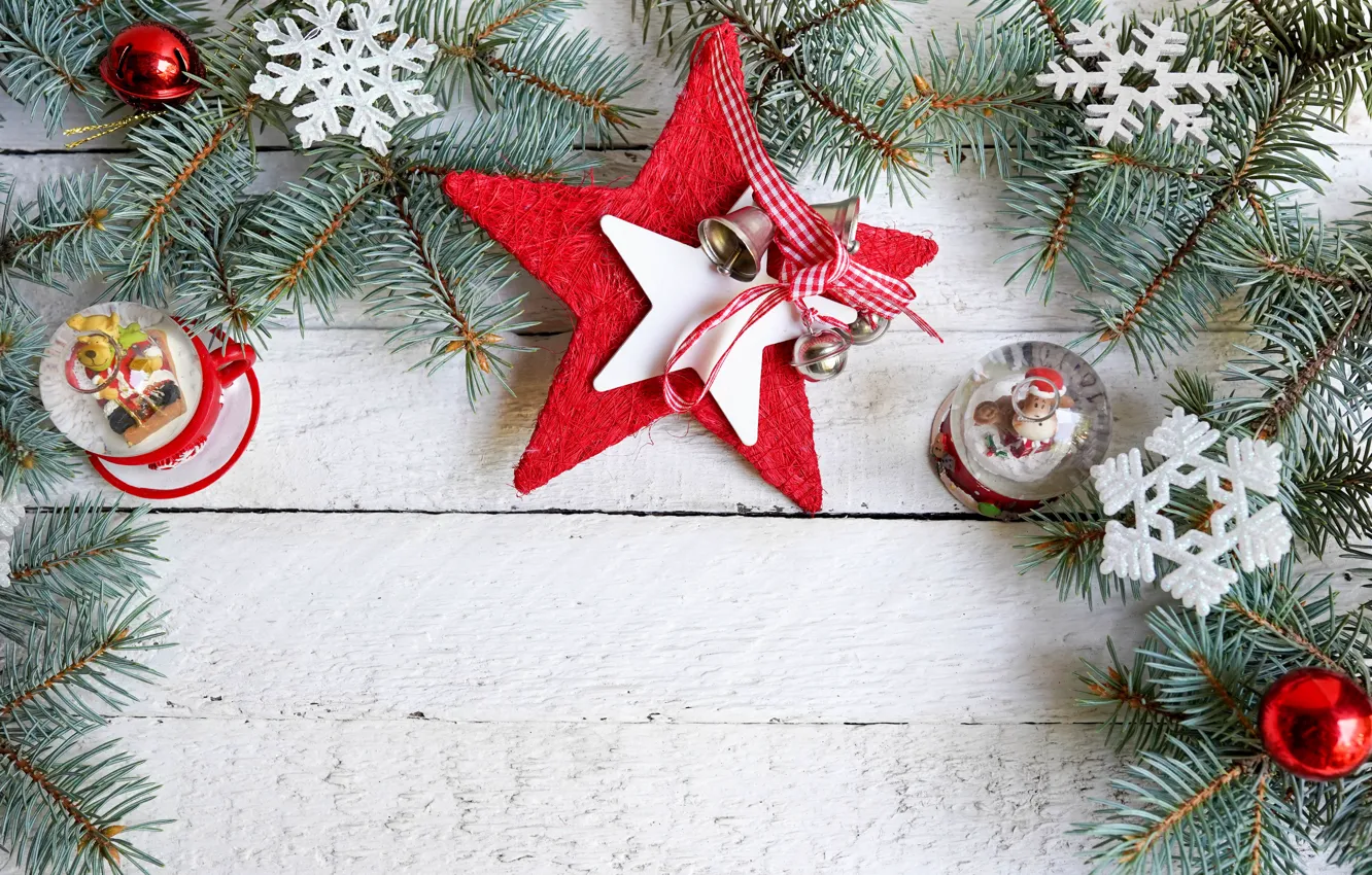 Photo wallpaper snow, decoration, snowflakes, New Year, Christmas, christmas, balls, wood