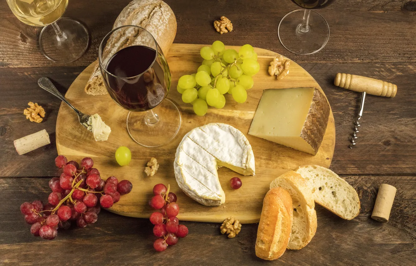 Photo wallpaper table, wine, cheese, glasses, bread, grapes, tube, Board