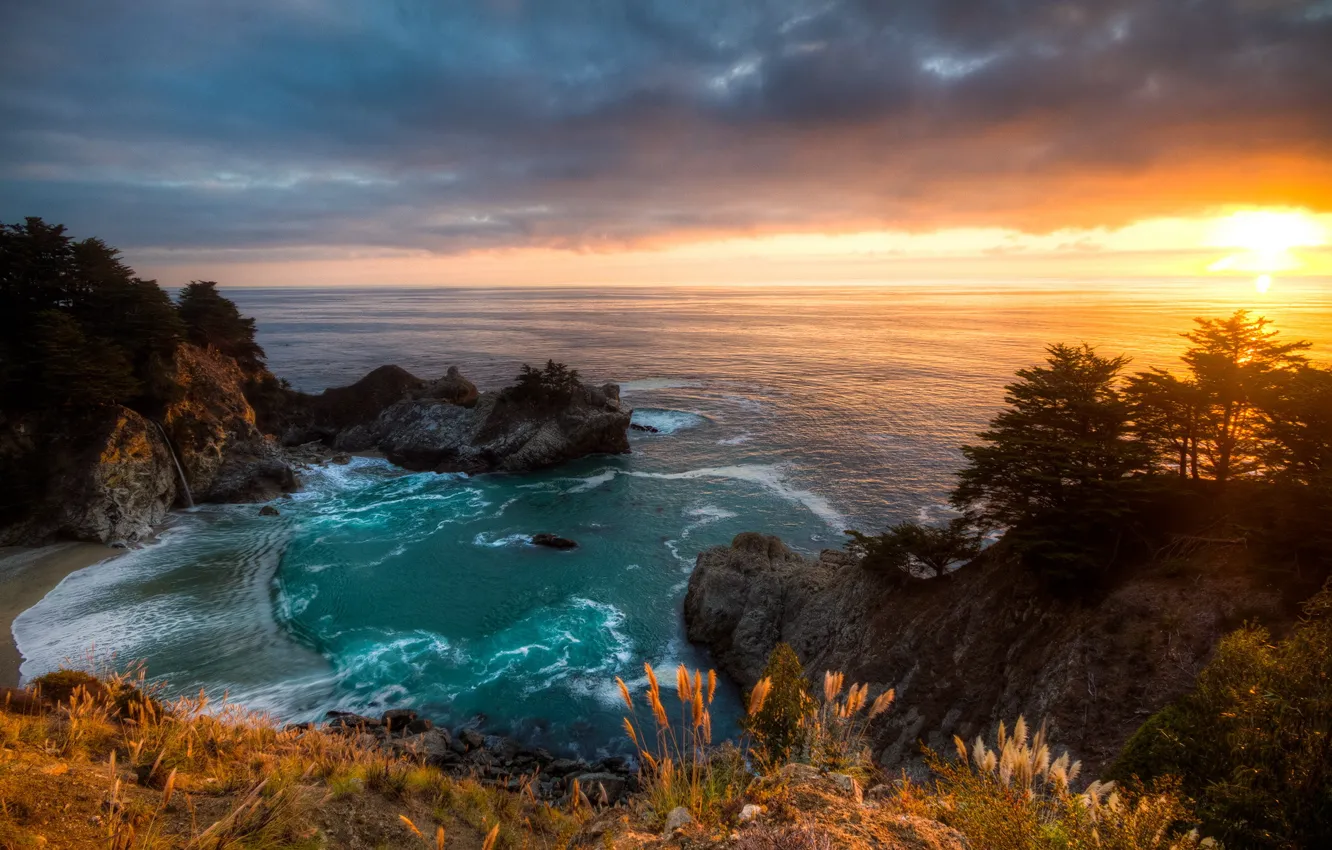 Photo wallpaper landscape, sunset, California, McWay Falls