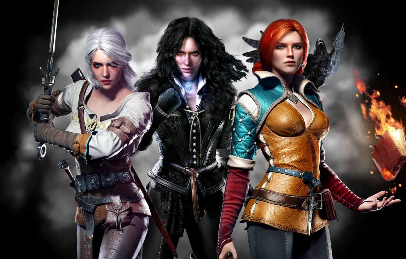 Photo wallpaper girl, background, sword, book, The Wild Hunt, Raven, trio, crow