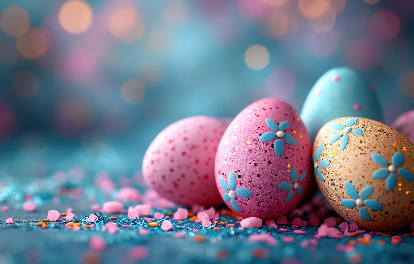 Photo wallpaper flowers, eggs, spring, colorful, Easter, pink, flowers, spring