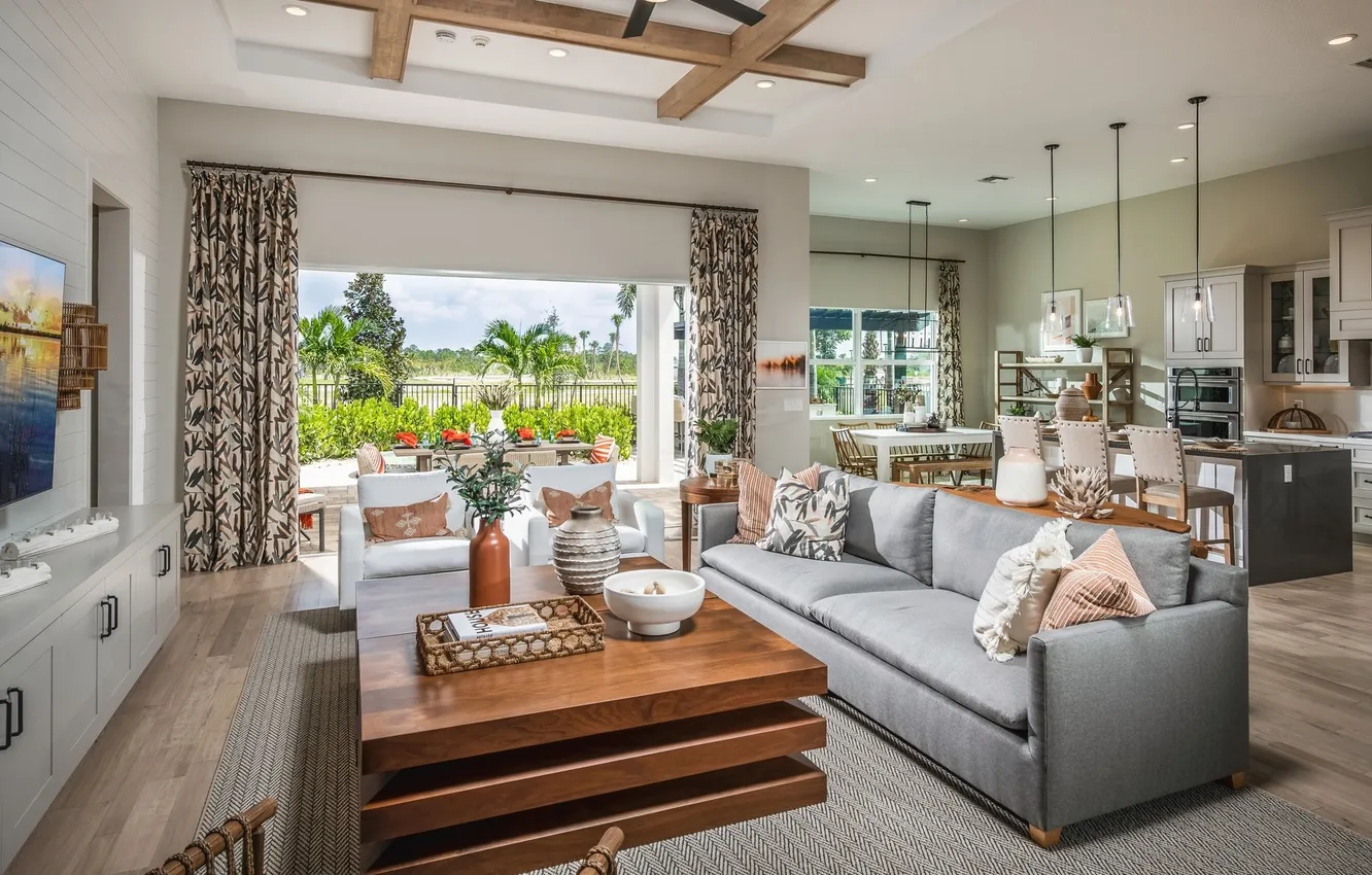 Photo wallpaper design, style, Villa, interior, kitchen, living room, dining room