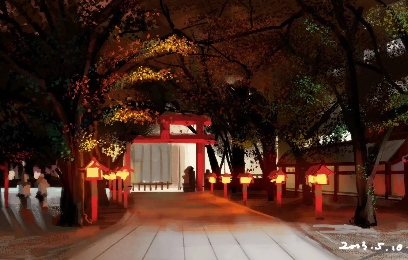 Photo wallpaper road, trees, gate, Japan, lights, temple, art, Shuizhanglang