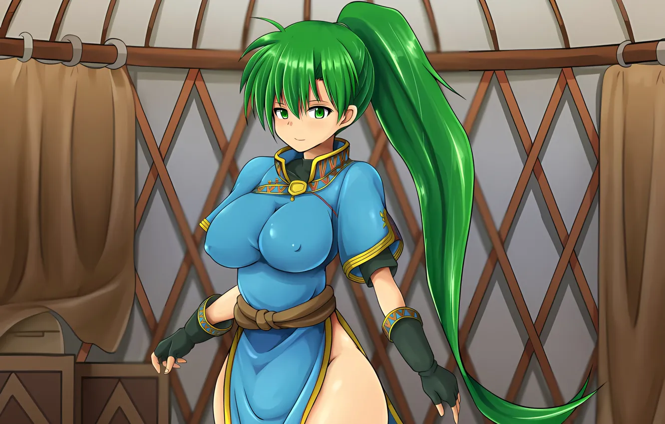 Photo wallpaper girl, sexy, green eyes, long hair, dress, boobs, anime, beautiful