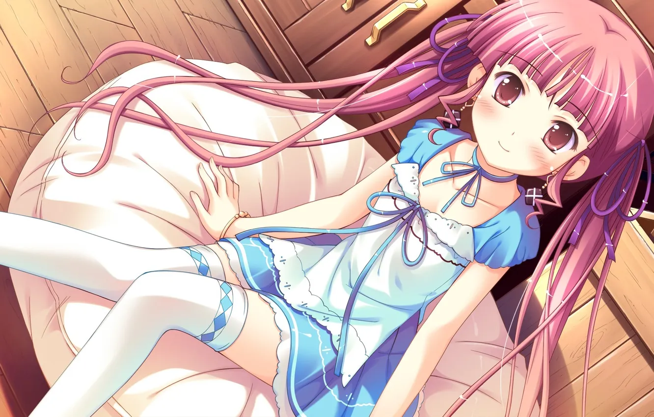 Photo wallpaper look, girl, pillow, blush, sitting, anime, art, Shukufuku no Campanella