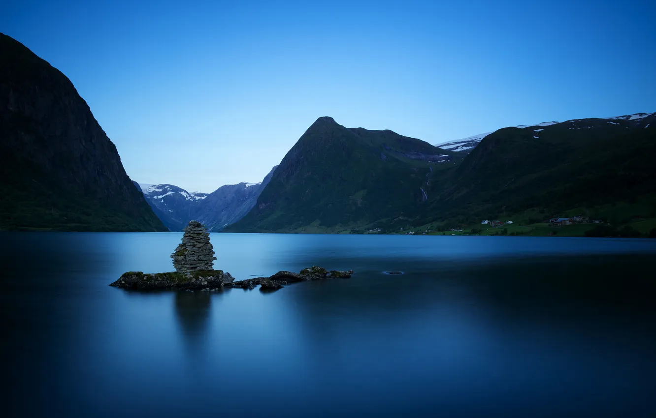 Photo wallpaper forest, mountains, lake, stones, Norway, Norway, lake jølstravatnet (lake)