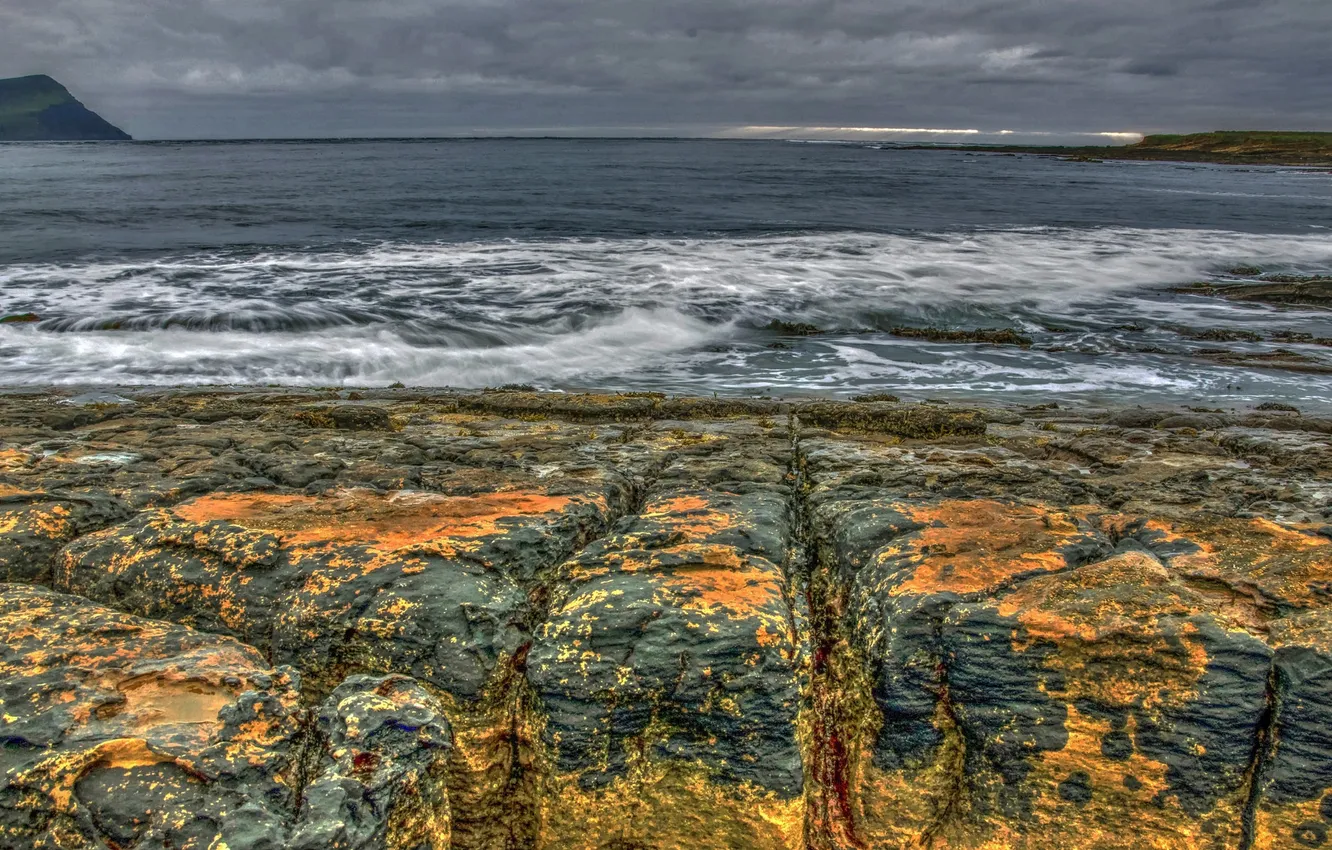 Photo wallpaper autumn, the sky, mountains, clouds, lake, stones, rocks