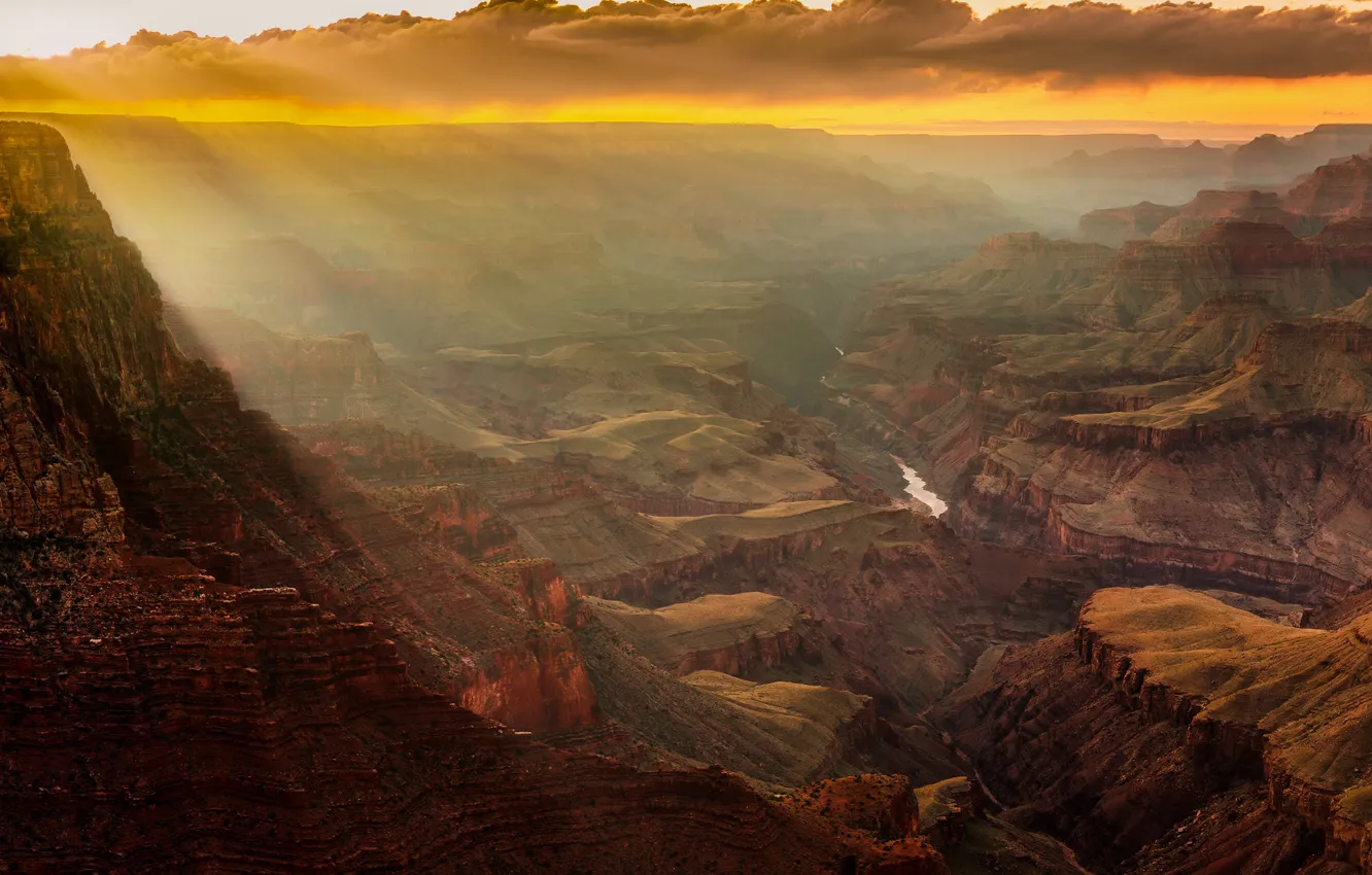 Photo wallpaper the sky, clouds, mountains, river, stones, rocks, canyon, panorama