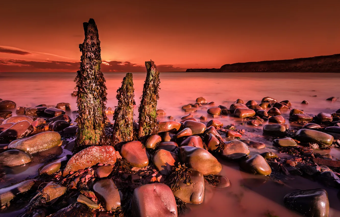 Photo wallpaper sea, sunset, stones