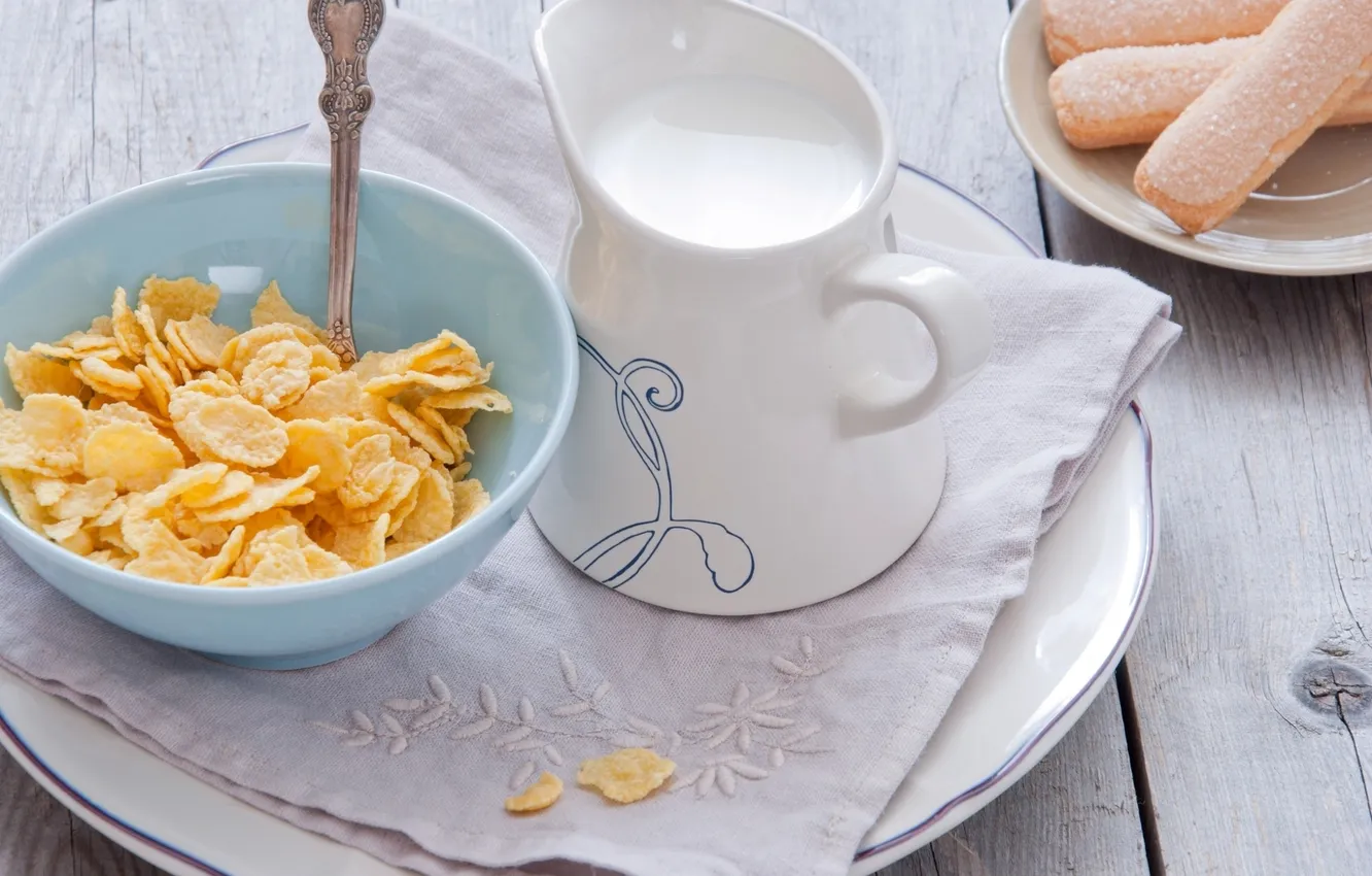 Photo wallpaper Breakfast, milk, cookies, plate, spoon, cereal, corn