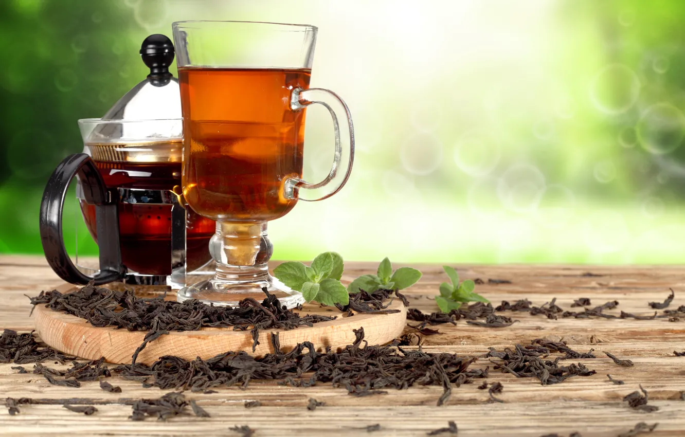 Photo wallpaper tea, kettle, mug, drink, mint, bokeh