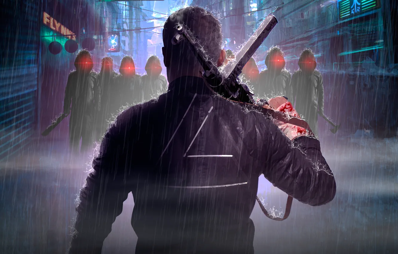 Photo wallpaper rain, street, the opposition, machine, axe, Defender