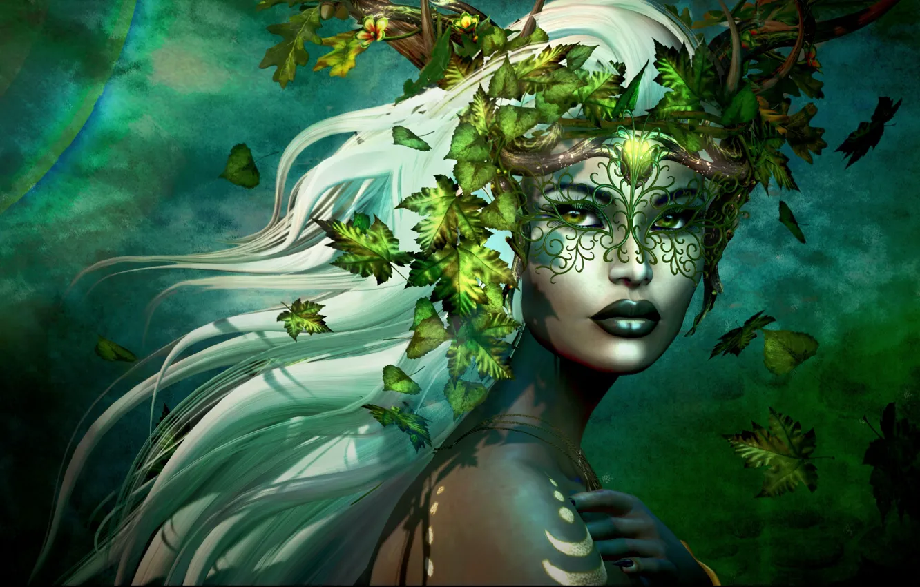 Photo wallpaper leaves, girl, pattern, blonde