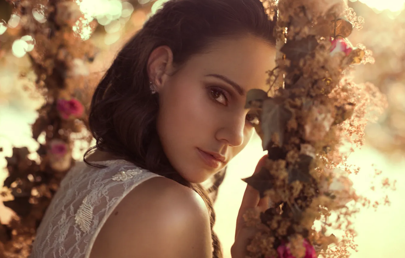 Photo wallpaper look, girl, flowers, face