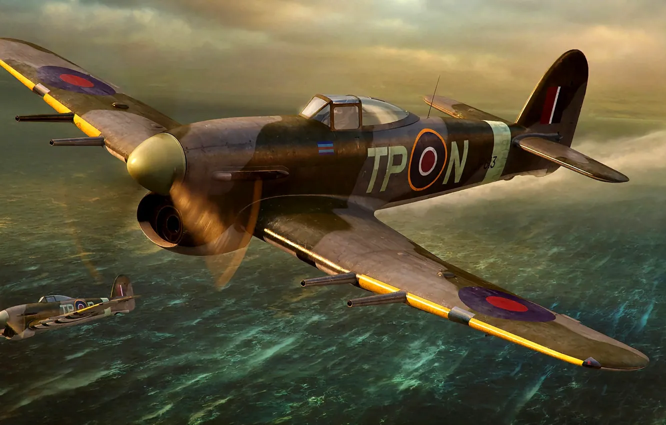 Photo wallpaper British, fighter-bomber, artwork, piston, Typhoon, Royal Air Force, Hawker, WWII