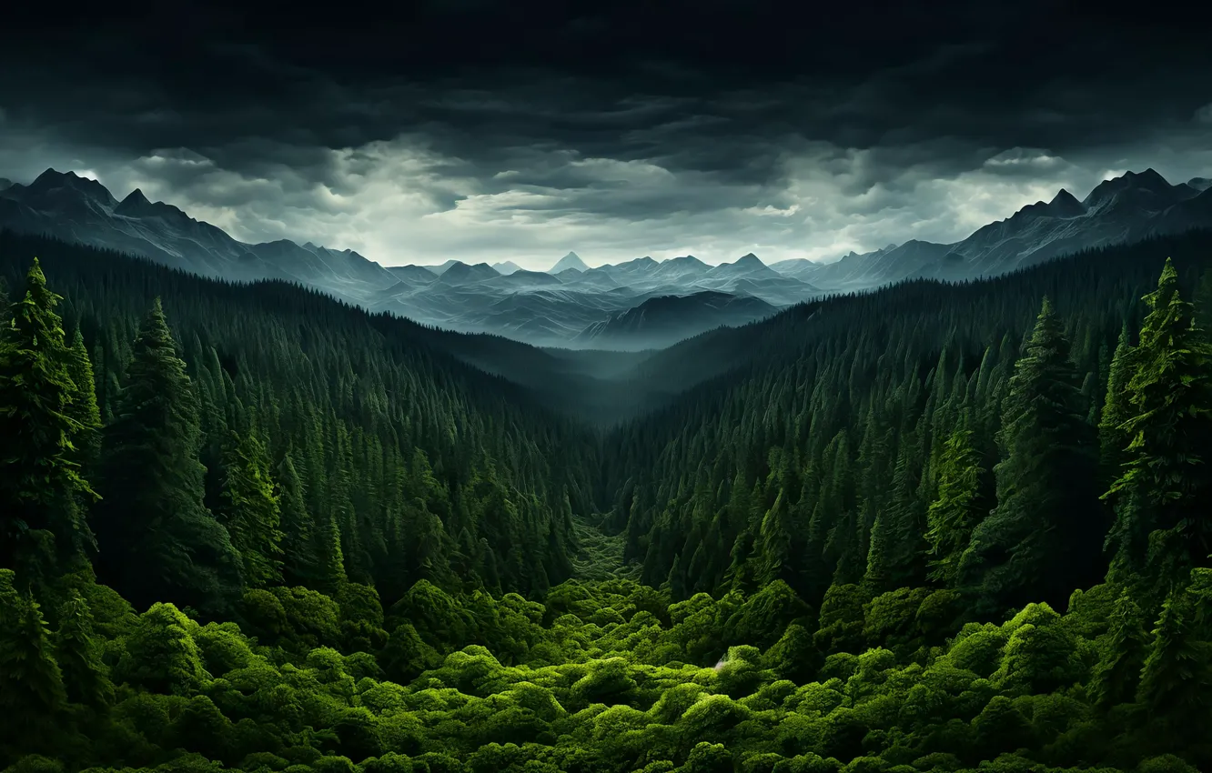 Photo wallpaper green, shrub, mountains, AI art, ate, haze, twilight, dal