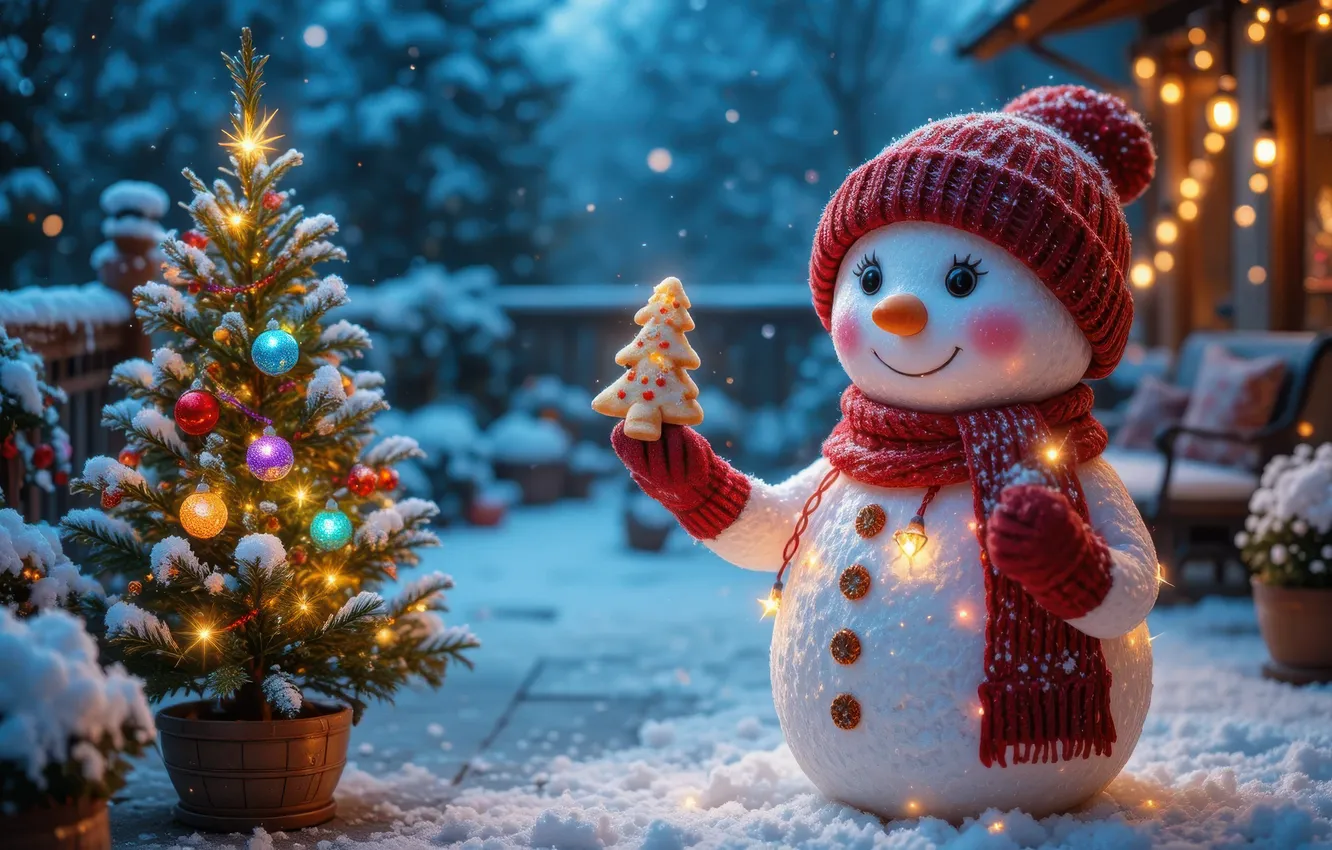 Photo wallpaper winter, snow, night, lights, the fence, new year, cookies, Christmas
