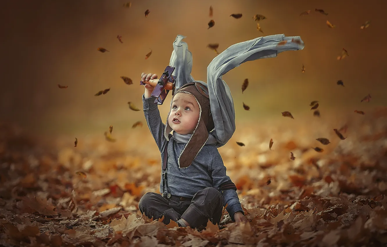 Photo wallpaper autumn, leaves, toy, the game, boy, baby, art, child