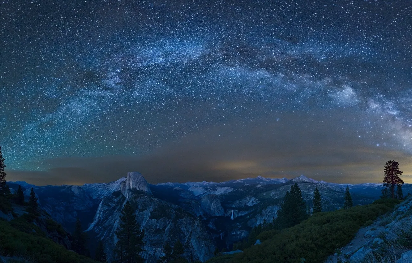Photo wallpaper mountains, stars, CA, Yosemite, The Milky Way, California, Yosemite national Park, Milky Way
