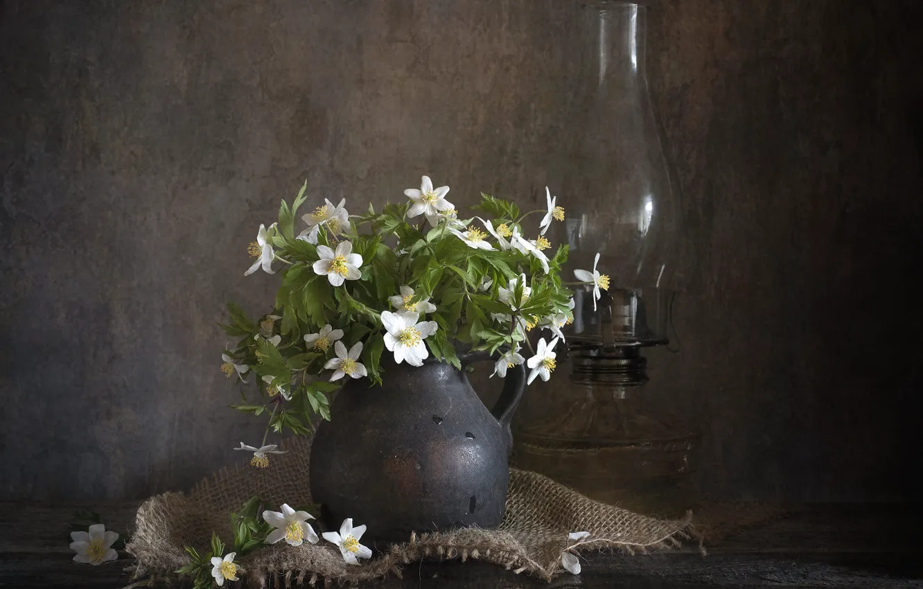 Photo wallpaper flowers, the dark background, table, bouquet, pitcher, white, still life, burlap
