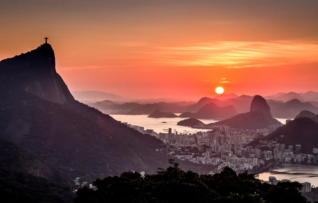 Photo wallpaper landscape, sunset, mountains, the city, panorama, Rio de Janeiro