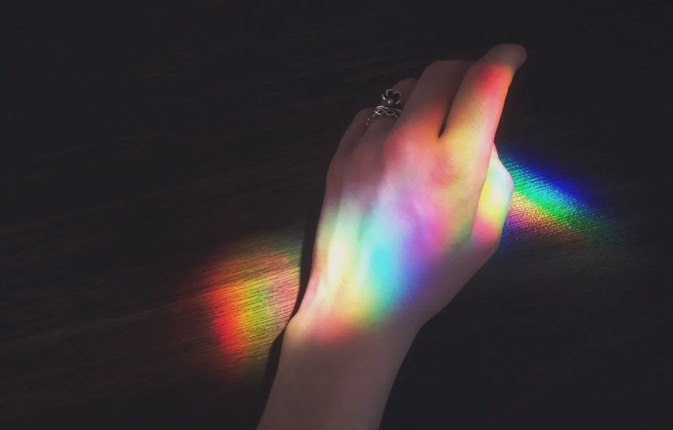 Photo wallpaper girl, table, color, rainbow, hands, ring, nails