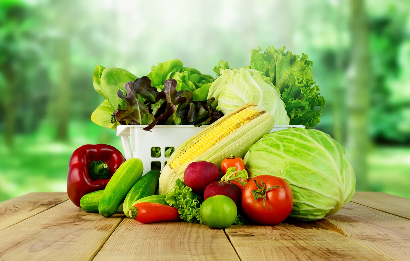 Photo wallpaper greens, table, background, basket, corn, pepper, vegetables, tomatoes