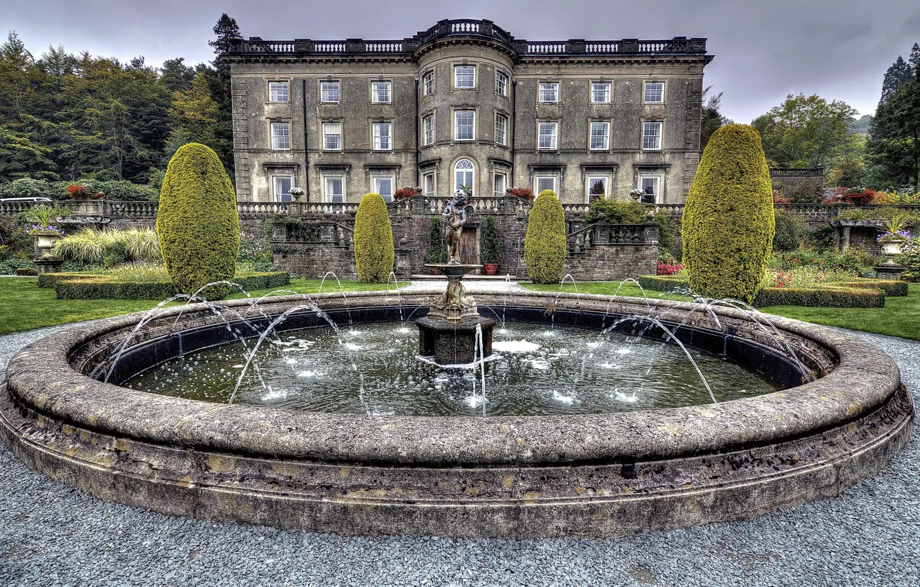 Photo wallpaper trees, design, UK, fountain, mansion, the bushes, Palace, Cumbria