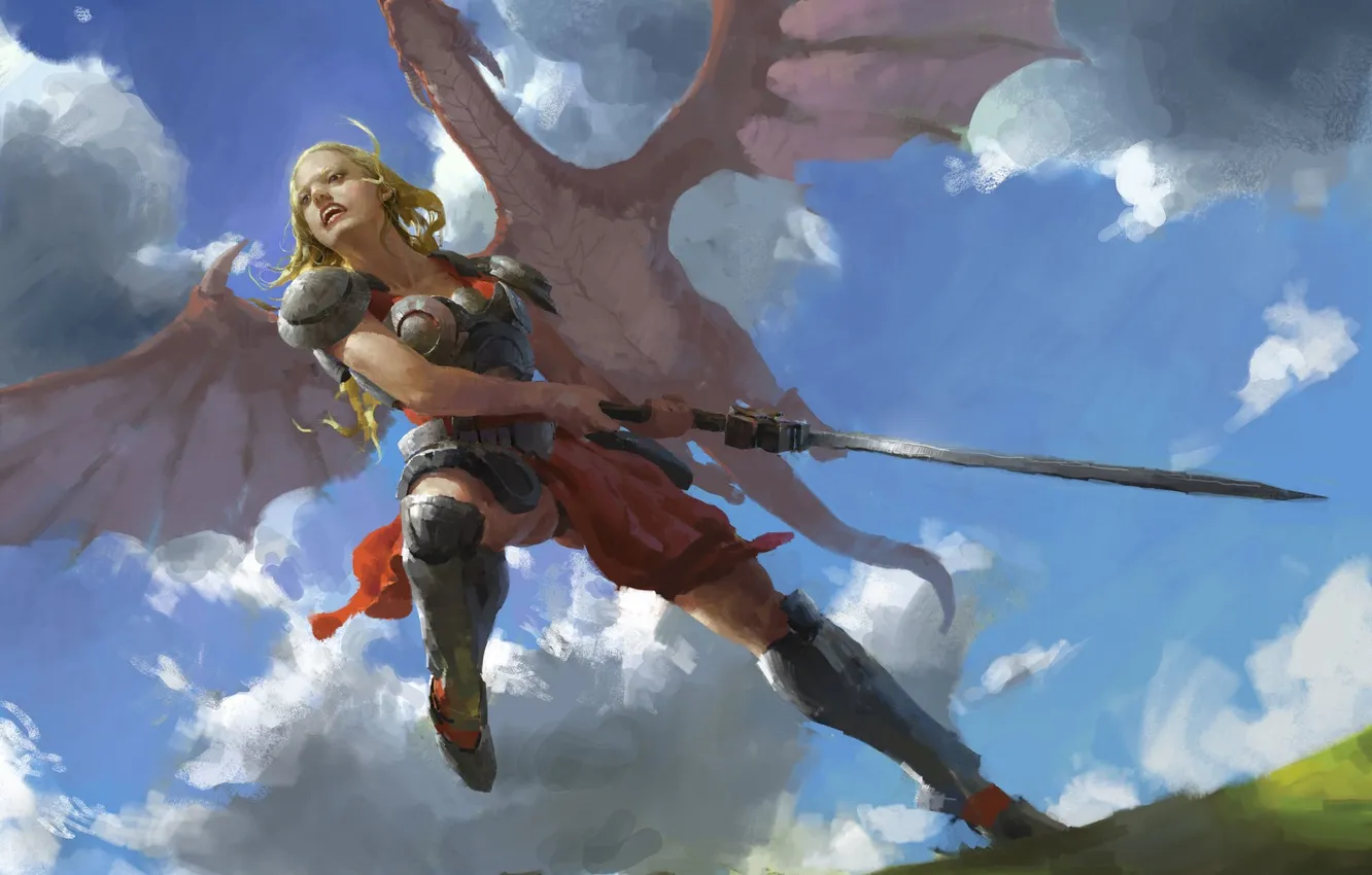 Photo wallpaper girl, sword, fantasy, armor, sky, clouds, dragon, blonde