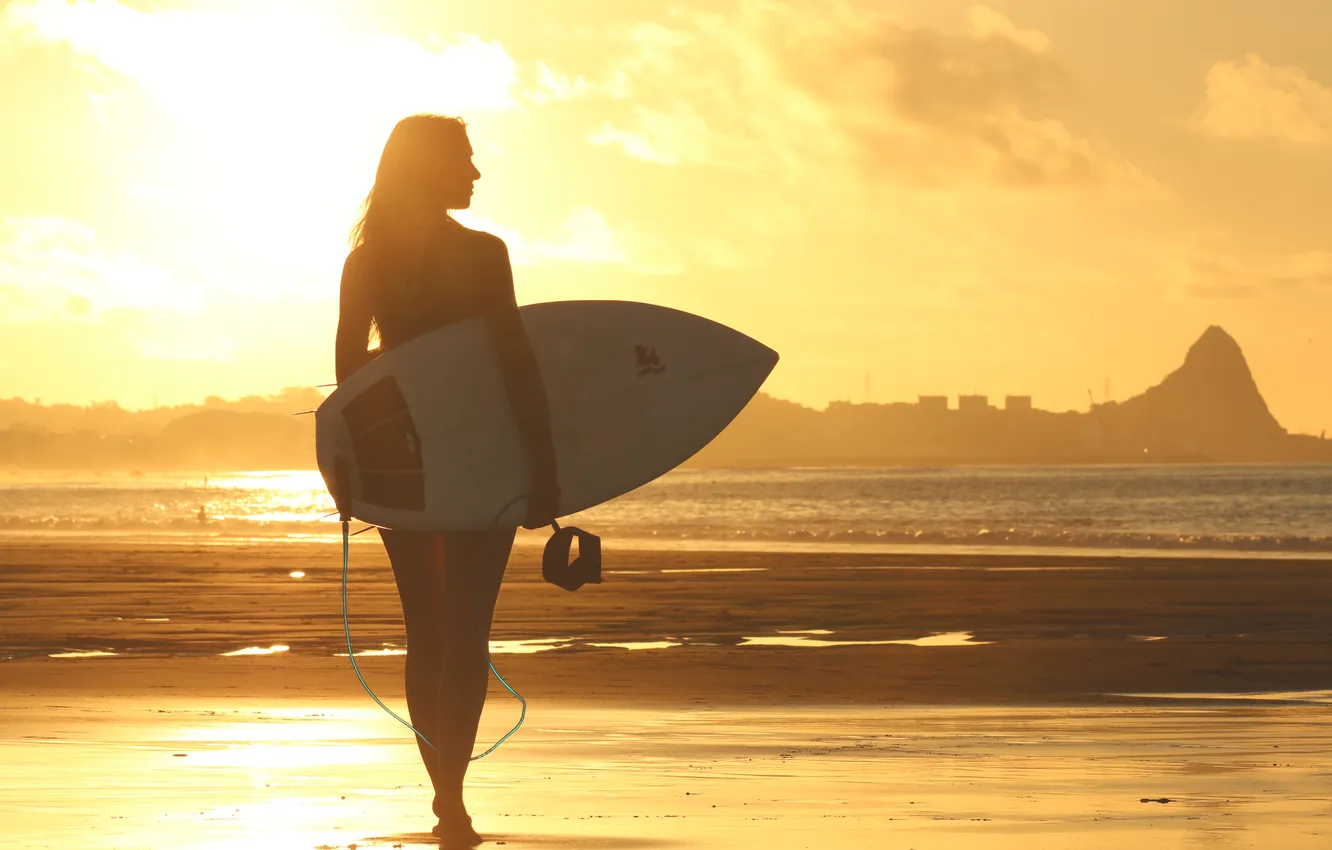 Photo wallpaper woman, sunset, surf