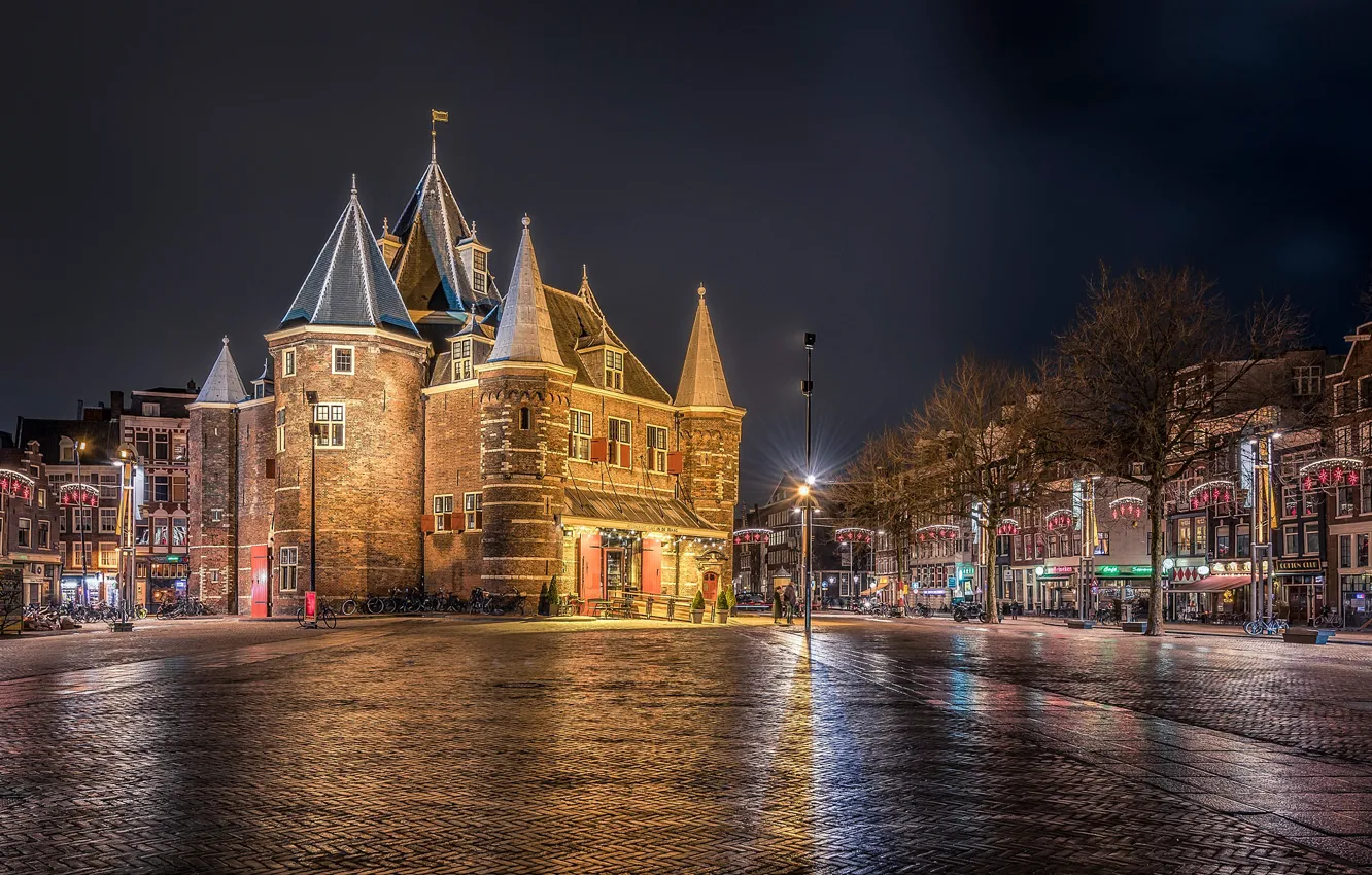 Photo wallpaper night, lights, Amsterdam