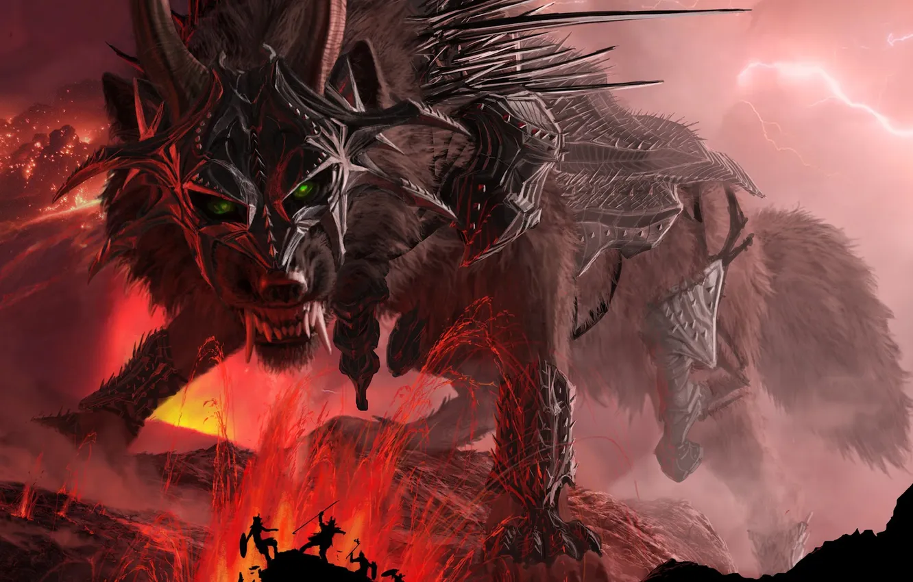 Photo wallpaper mountains, lightning, wolf, armor, mouth, lava, fangs, horns