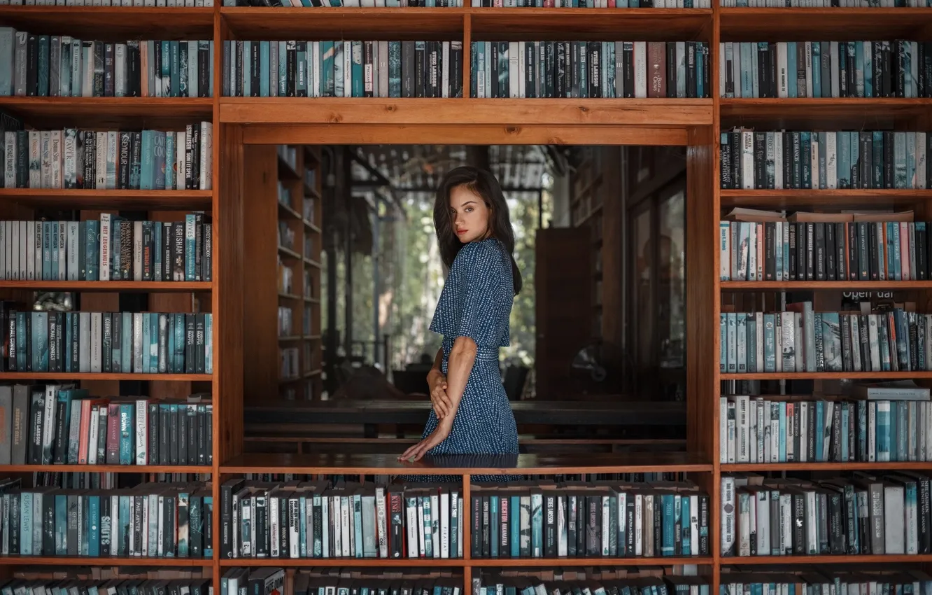Photo wallpaper girl, beautiful, model, brunette, books, red lipstick, blue dress, bookstore