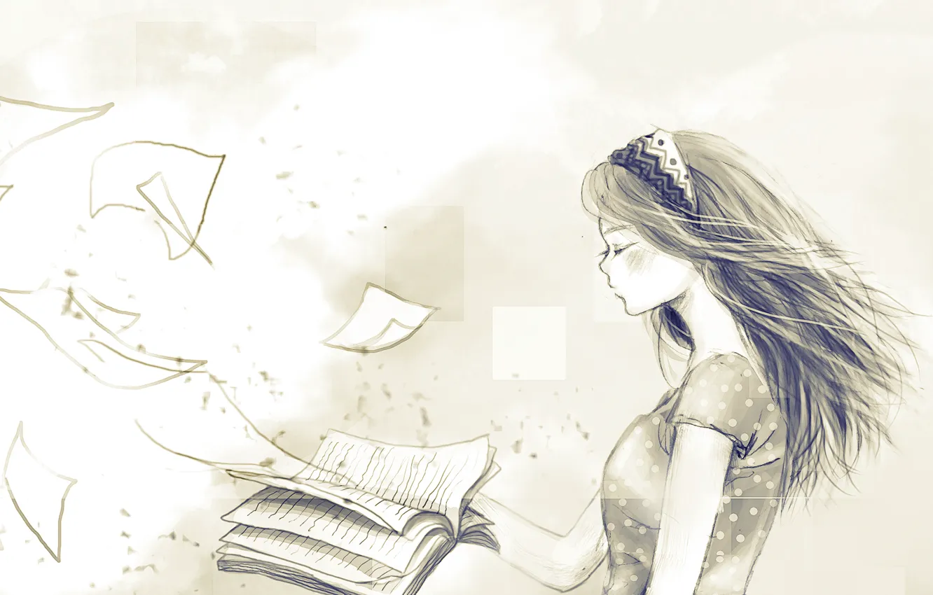 Photo wallpaper girl, the wind, book, page