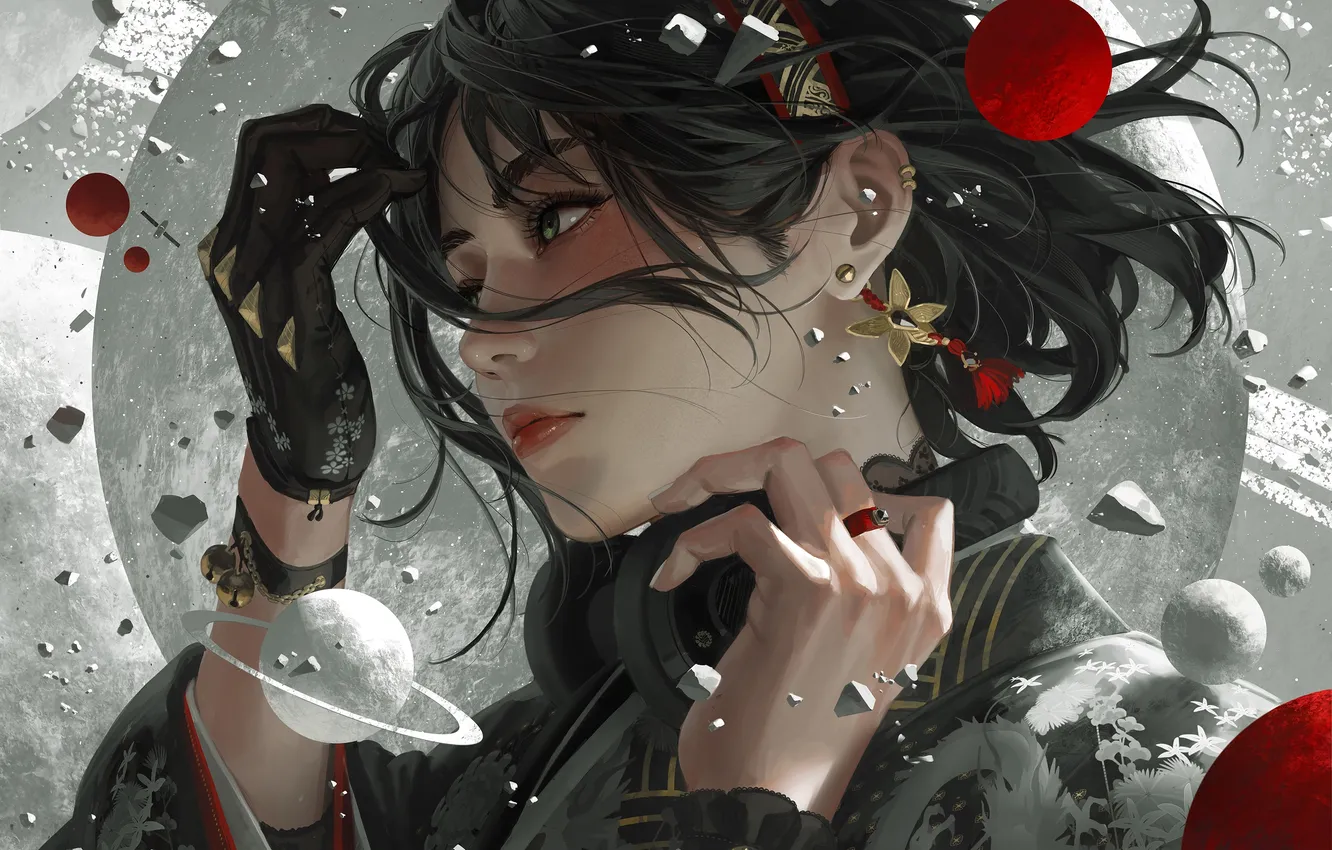 Photo wallpaper girl, fantasy, Saturn, headphones, planet, digital art, artwork, concept art