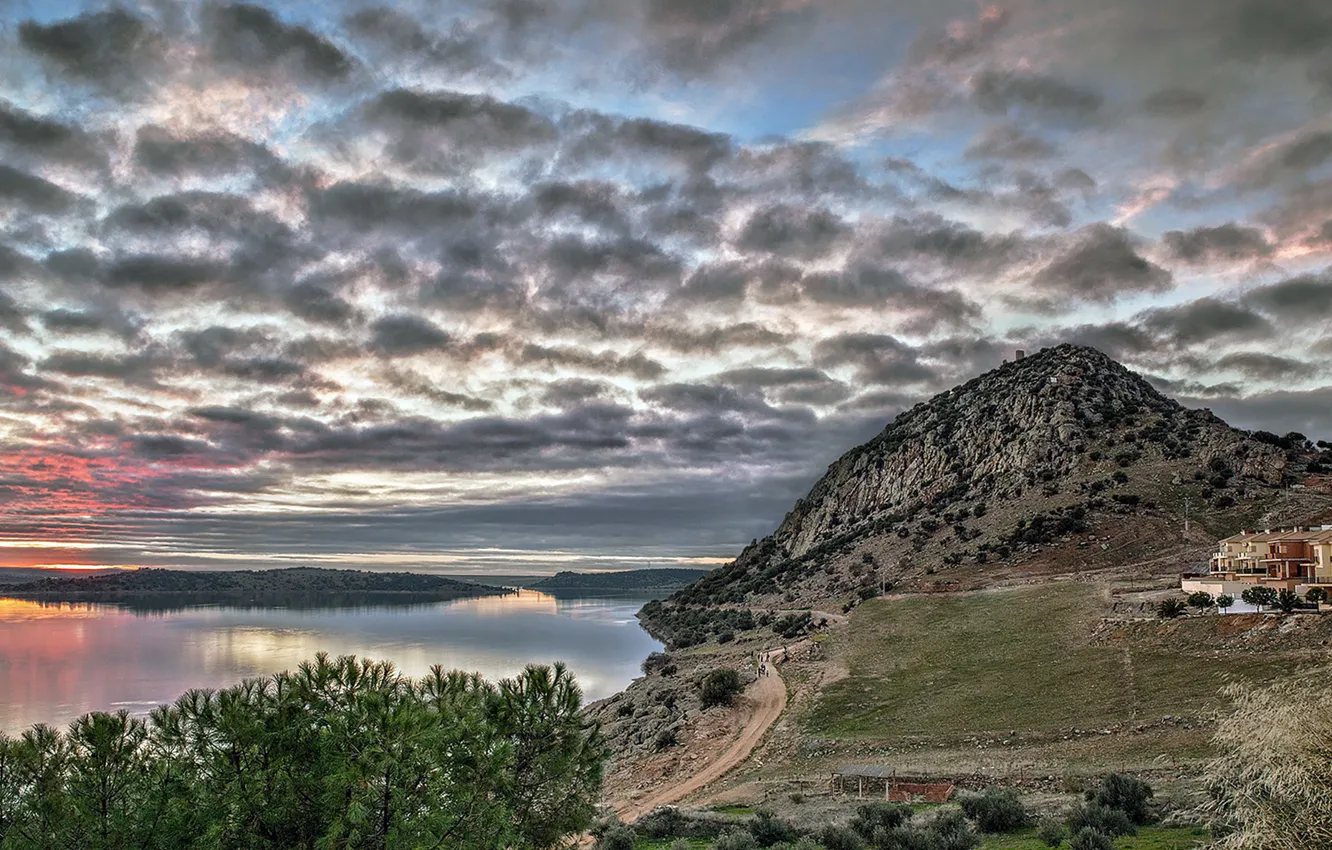 Photo wallpaper road, water, clouds, trees, river, hills, home